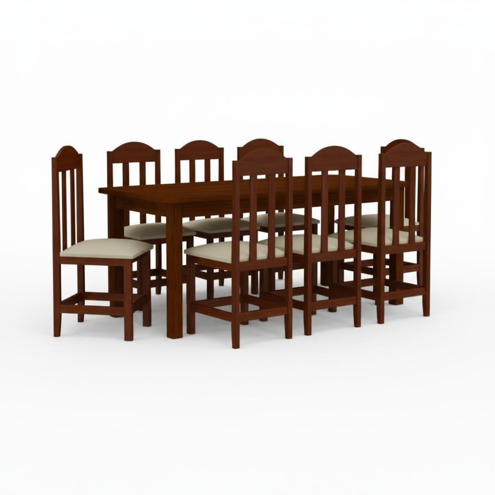 Conjunto Mesa Com 6 Cadeira Estofada Madeira Maciça Bege - Castanho - 2