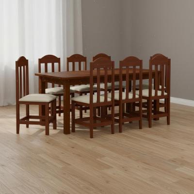Conjunto Mesa Com 6 Cadeira Estofada Madeira Maciça Bege - Castanho