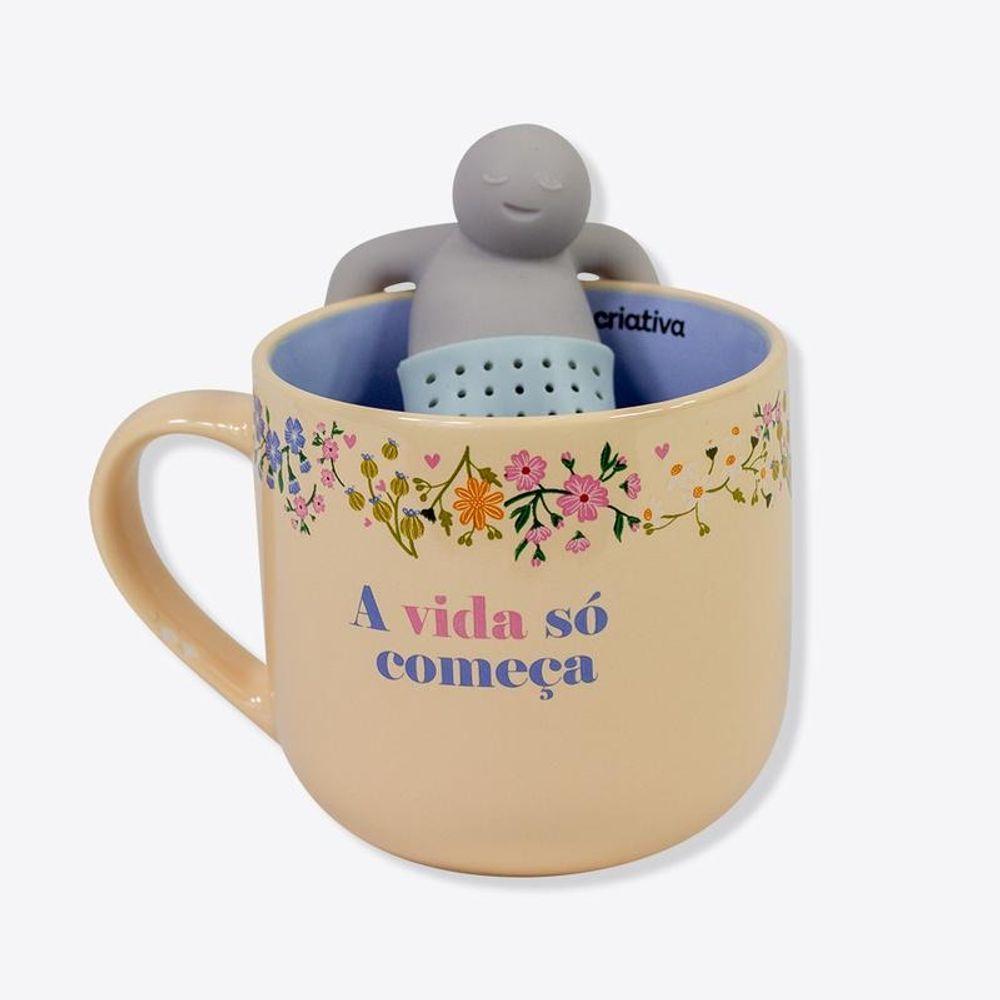 Caneca Chá Cerâmica Com Infusor 350ml Floral - 1