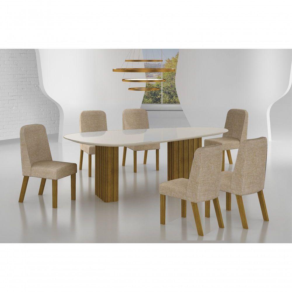 Conjunto Sala De Jantar Mesa Orgânica Com Vidro 200cm Com 6 Cadeiras Pé Madeira Isis - 6