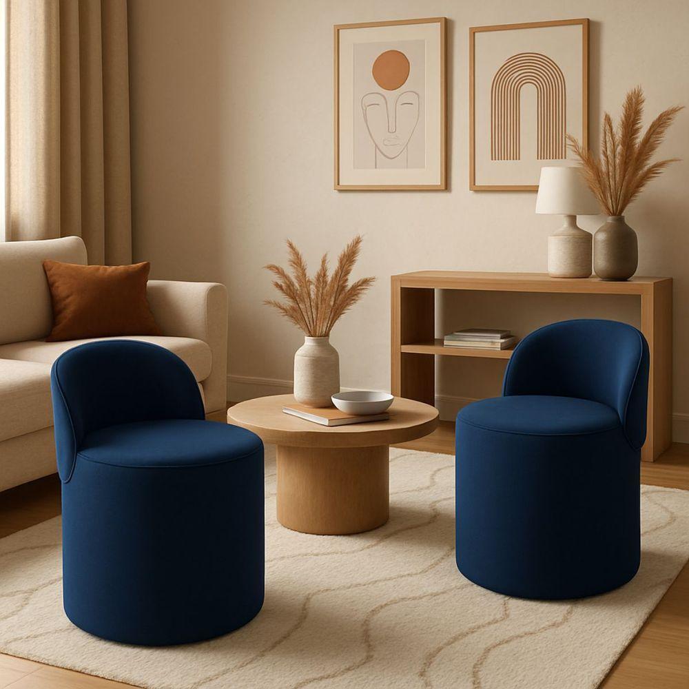 Kit 2 Puff Encosto Suede Redondo Sala Banco Orgânico Quarto Cor:azul Marinho - 1