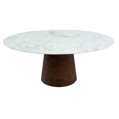 Mesa De Jantar Cone Oval Base Em Lâmina Natural Imbuia Horizontal Tampo Em Mdf Marmorizado