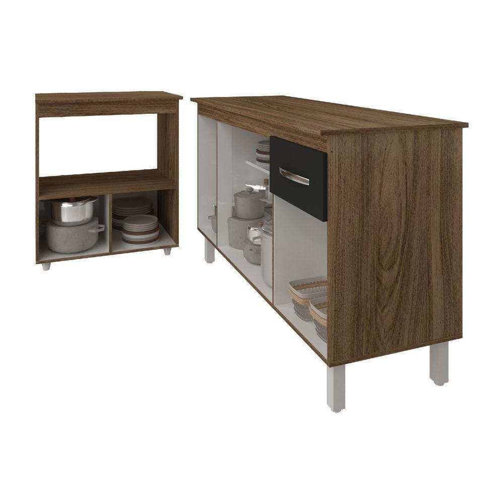 Armário Gabinete Camila 138 Cm Com Tampo Tampão E Balcão Amanda Para Forno E Microondas Savana Com Preto - 5