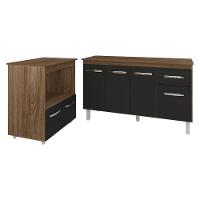 Armário Gabinete Camila 138 Cm Com Tampo Tampão E Balcão Amanda Para Forno E Microondas Savana Com Preto - 1