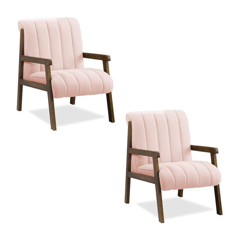 Poltrona Decorativa Sala Base De Madeira Kit 2 Daline Bouclê E03 - D'rossi Cor Rose - 1