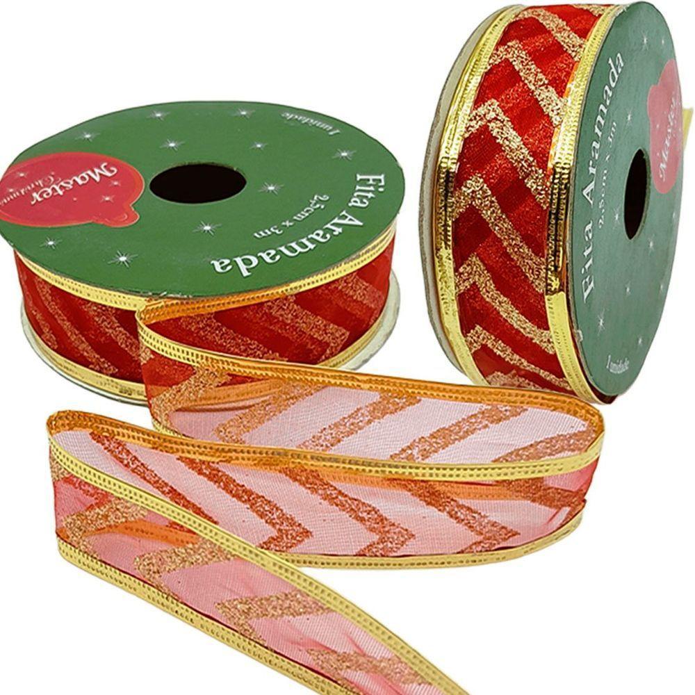Rolos Fitas Aramada Enfeite Natal Gliter 2,5cm 3m Kit 6pçs - 1