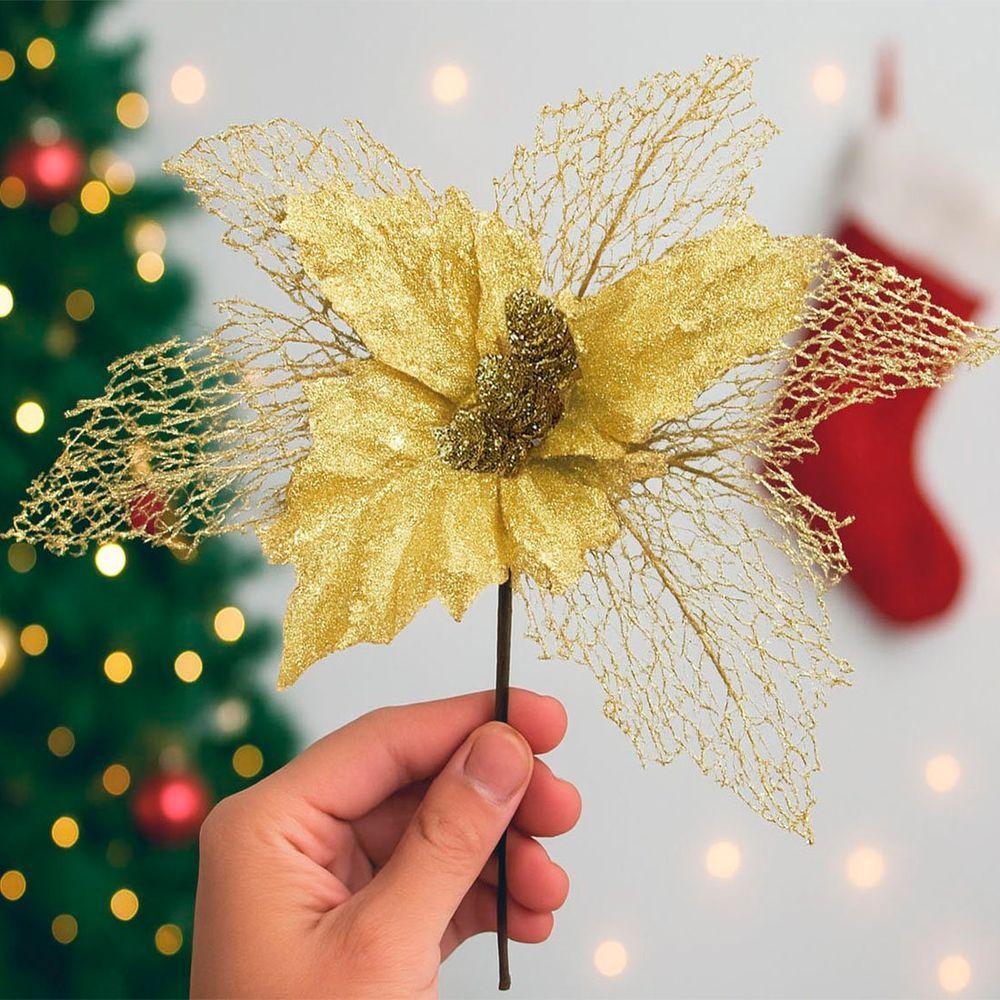 Flores Ramos árvore Natal Com Gliter Dourado 22cm Kit 8pçs - 1