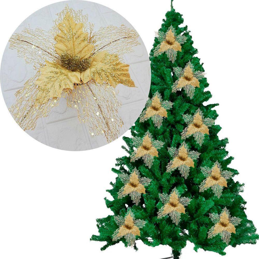 Flores Ramos árvore Natal Com Gliter Dourado 22cm Kit 8pçs - 2