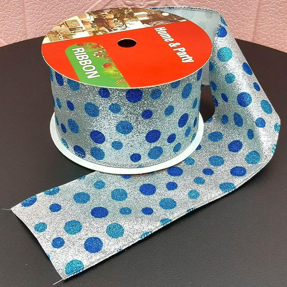 Rolos Fita Aramada Natalina Bolinhas Azul 6,3cm 9m Kit 2pçs - 1