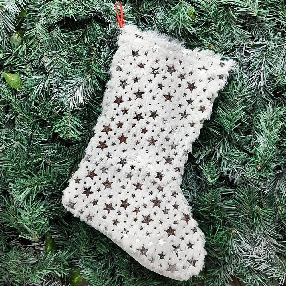 Bota Meia Pelúcida Pendente Enfeite Natalino Estrelas 32cm Prata - 2