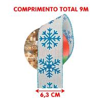 Rolos Fita Aramada Flocos Neve Azul Natal 6,3cm 9m Kit 4pçs - 4