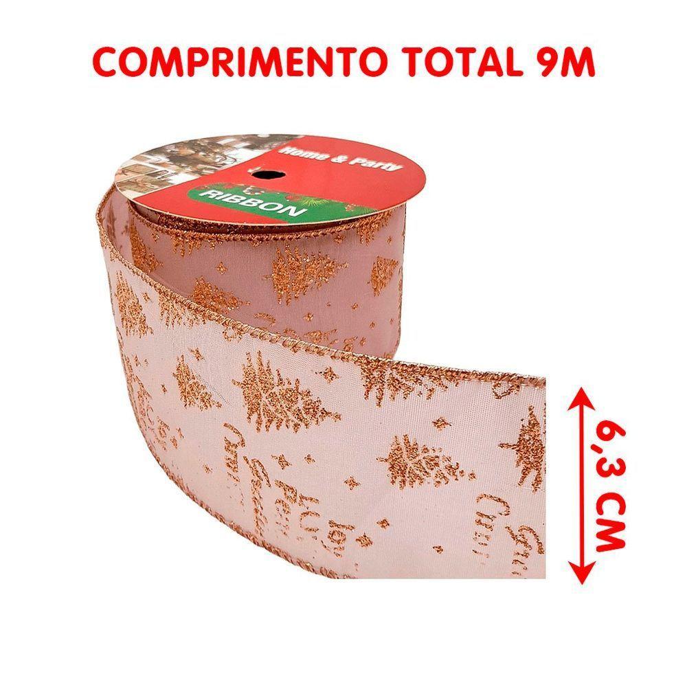 Rolos Fita Aramada Rose Gold árvore Natal 6,3cm 9m Kit 4pçs - 4