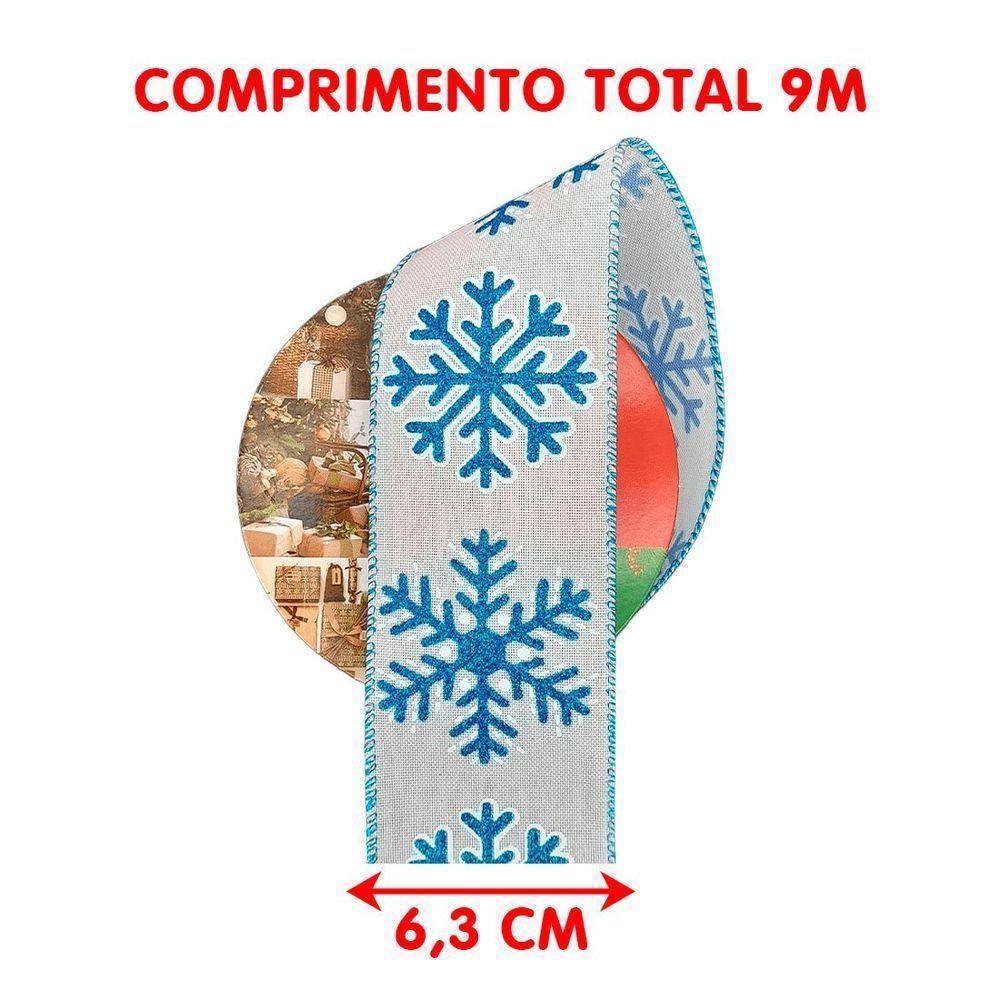 Rolos Fita Aramada Flocos Neve Azul Natal 6,3cm 9m Kit 5pçs - 4