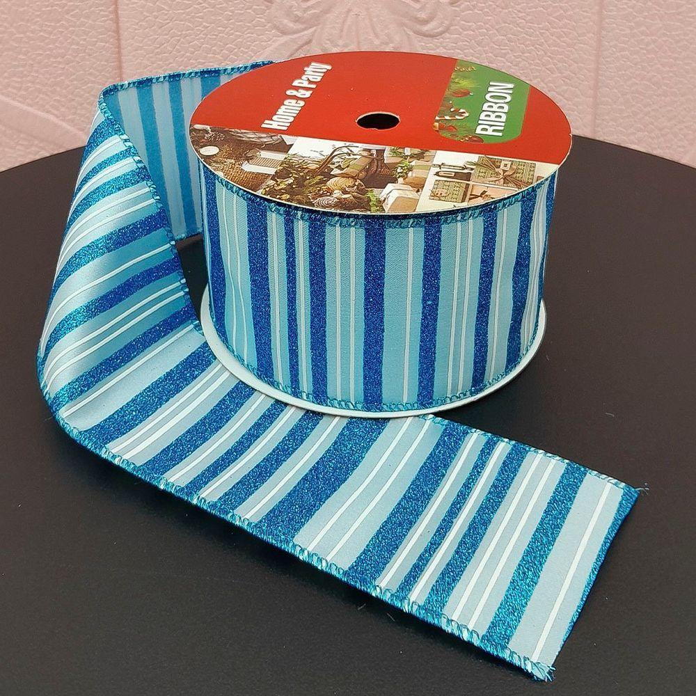 Rolos Fita Aramada Natalina Listrada Azul 6,3cm 9m Kit 2pçs - 1