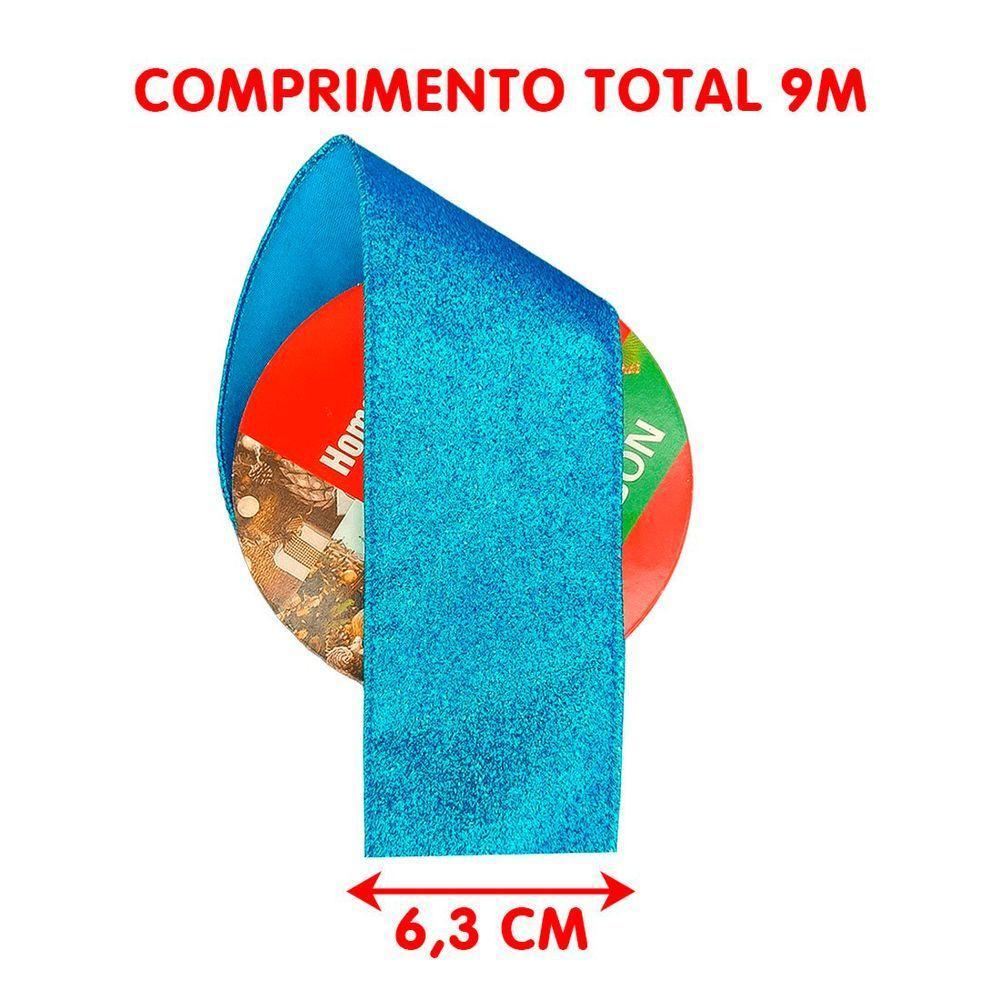 Rolos Fita Aramada Natalina Gliter Azul De 6,3cm 9m Kit 4pçs - 4