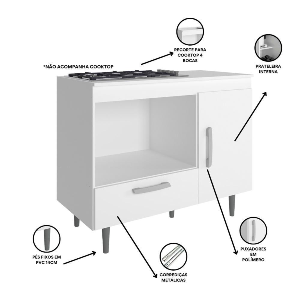 Balcão Cozinha Para Cooktop Alecrim Com 1 Porta E 1 Gaveta Branco Branco - 5
