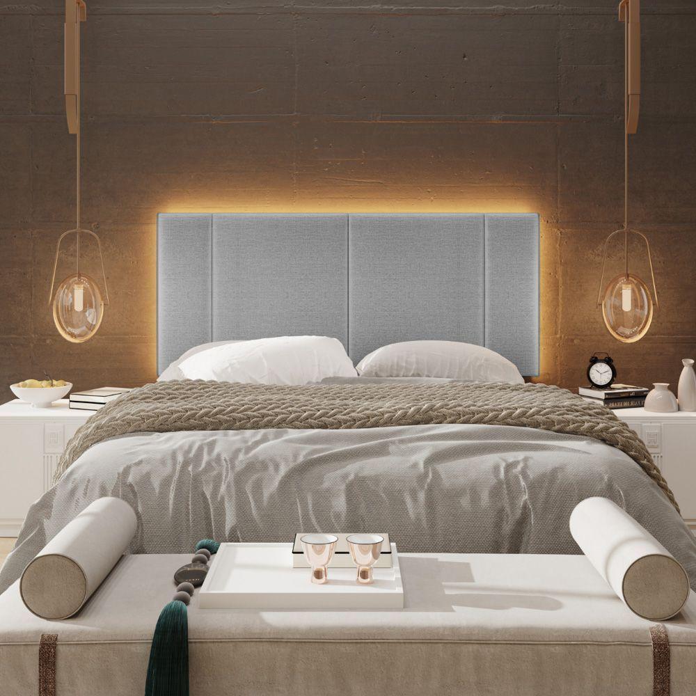 Cabeceira Painel Cama Box Casal Padrão Siri 140cm Com Led Linho Cinza - Desk Design - 4