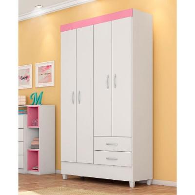 Guarda Roupa Solteiro Frankfurt 4 Portas 2 Gavetas Branco-Rosa-Branco MDP Demóbile