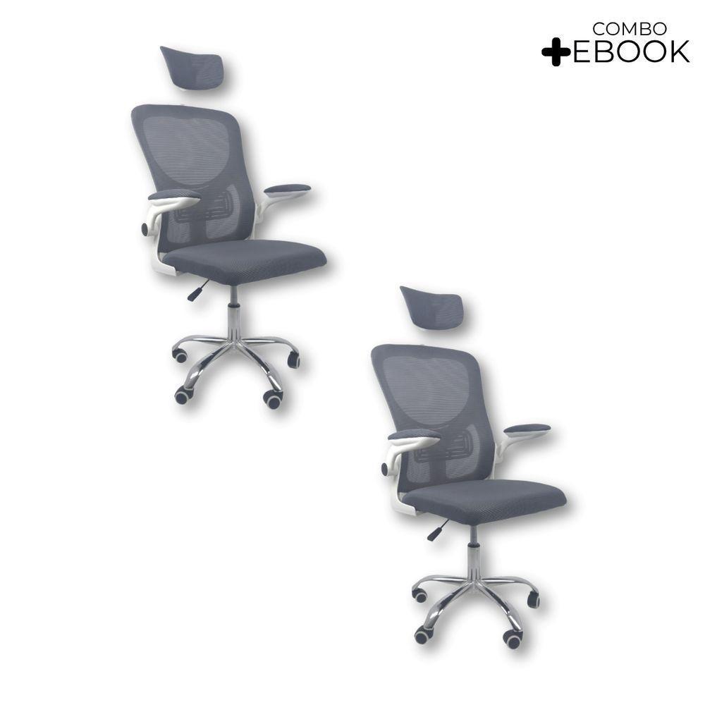 Kit Com 2 Cadeiras De Escritório Diretor Oficial Vegas Com Apoio + Ebook Cinza E Branco 2 - 2