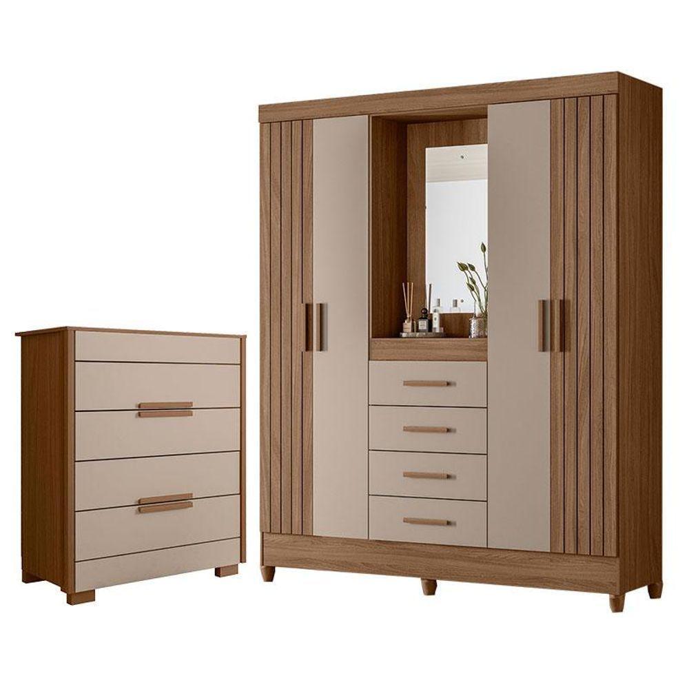 Guarda Roupa Solteiro Com Espelho Atenas E Cômoda Dhara Carvalho Fendi - Moval - 1