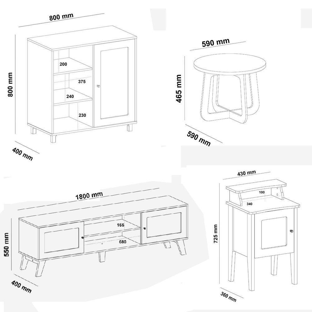 Conjunto Sala Rack P/ Tv Até 75", Buffet Aparador 1 Porta, Mesa Centro E Apoio Charlotte Carvalho/menta - Artely - 6