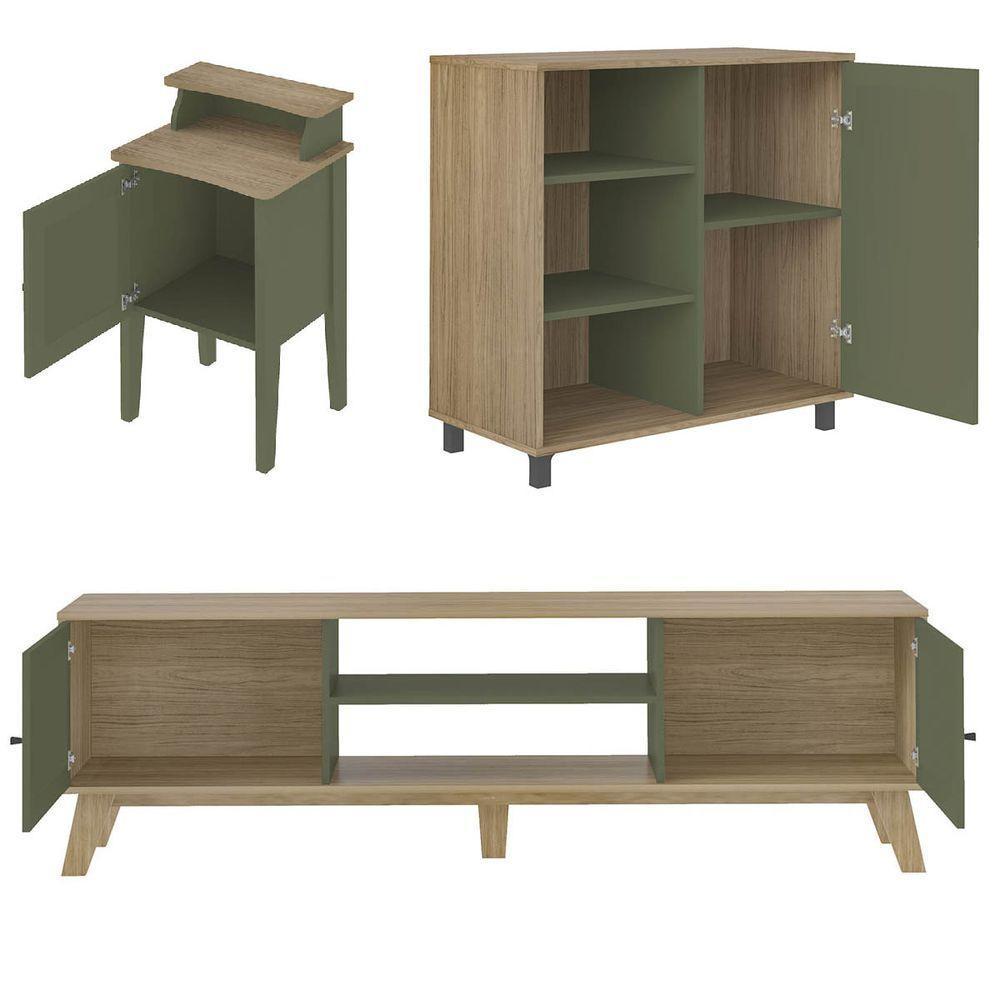 Conjunto Sala Rack P/ Tv Até 75", Buffet Aparador 1 Porta, Mesa Centro E Apoio Charlotte Carvalho/menta - Artely - 7