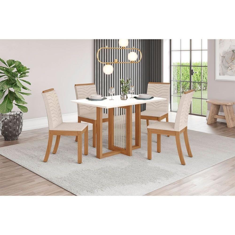 Conjunto Mesa Sala Jantar Natalí Com Tampo Madeirado 120x80cm E 4 Cadeiras Isa Nature Off White Linho Bege Henn - 1