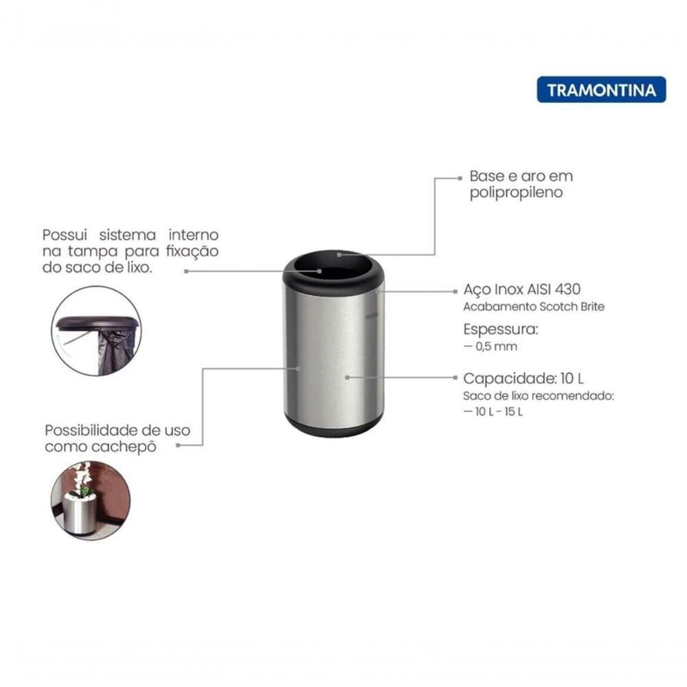 Lixeira Inox Tramontina Portofino Com Acabamento Escovado 10 Litros - 3
