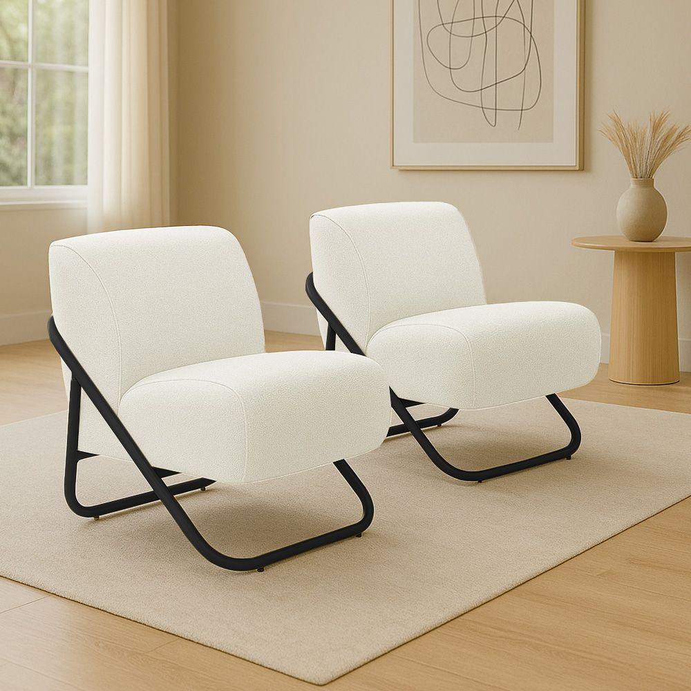 Poltrona Sala Estar Industrial Preto Kit 2 Martina Bouclê K01 - D'rossi Cor Off White - 1