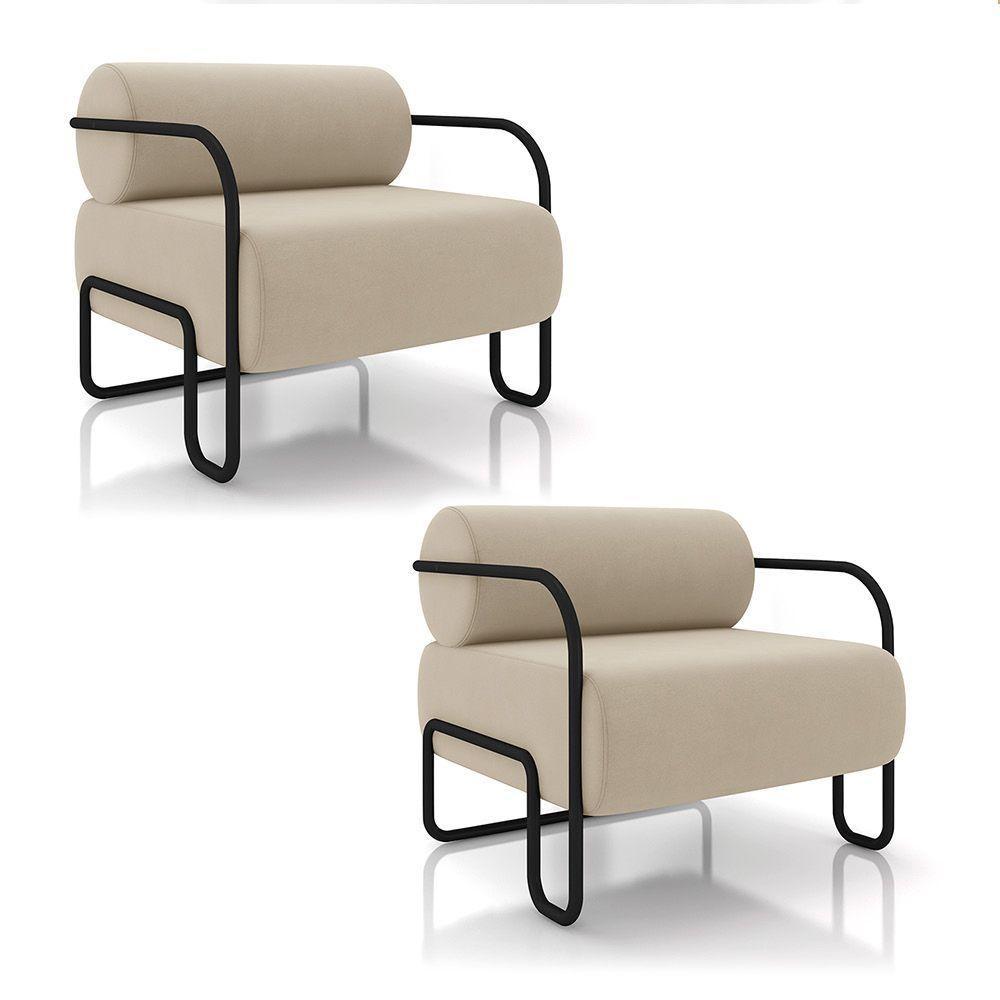 Poltrona Sala De Estar Industrial Preto Kit 2 Ameli Veludo K01 - D'rossi Cor Bege - 1