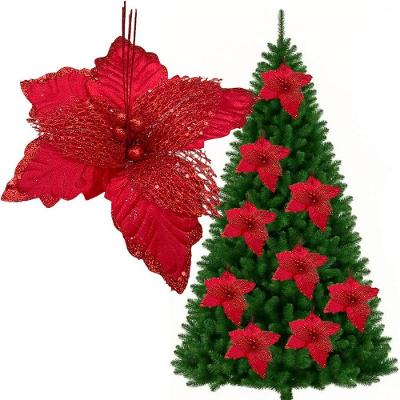 Flores árvore Natal Gliter Vermelho Decoração 25cm Kit 6pçs