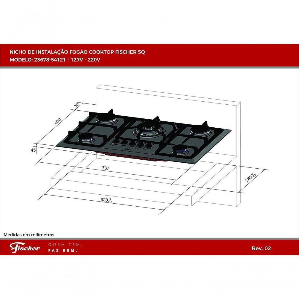 Fogão Cooktop Fischer 5 Bocas Tripla Chama - Mesa Inox 23678-54121 Bivolt - 2