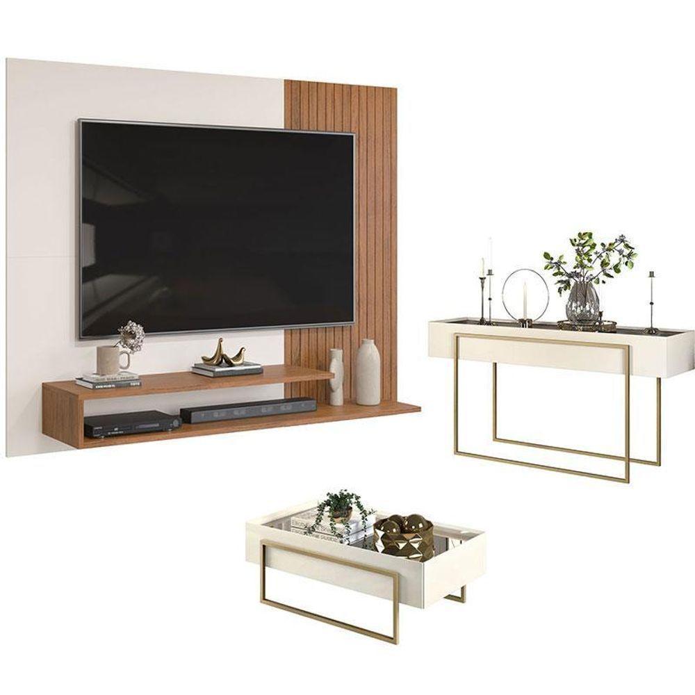 Painel Para Tv Nando Freijó Off White Com Aparador Para Sala Petri E Mesa De Centro Petri Off White – Dj Móveis - 1