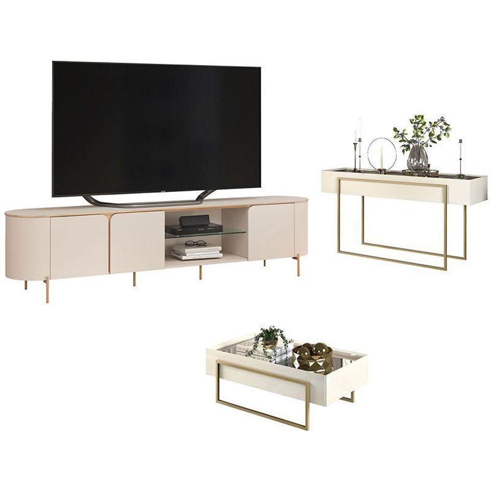 Rack Bancada Ariana Com Aparador Suri E Mesa De Centro Suri Off White – Dj Móveis - 1