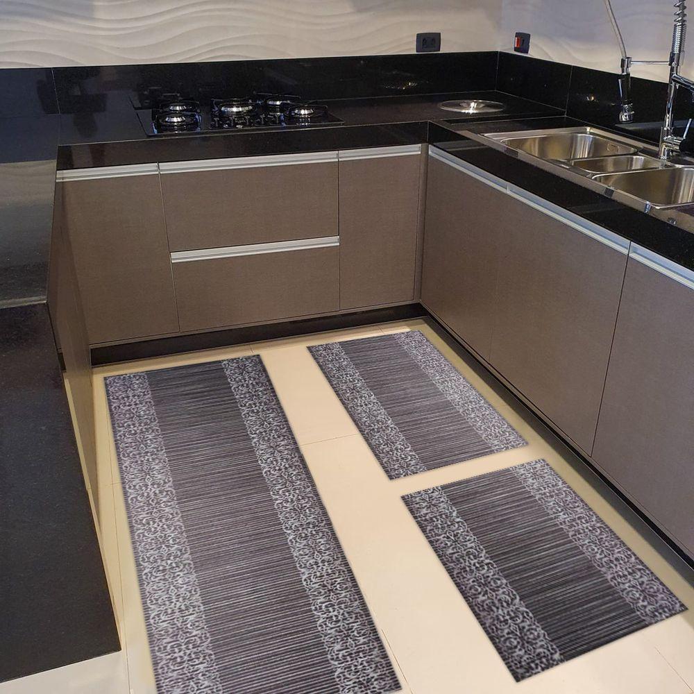 Kit 3 Peças Jogo Cozinha Passadeira Emborrachada Não Derrapa Barrado Marrom Branco - 3