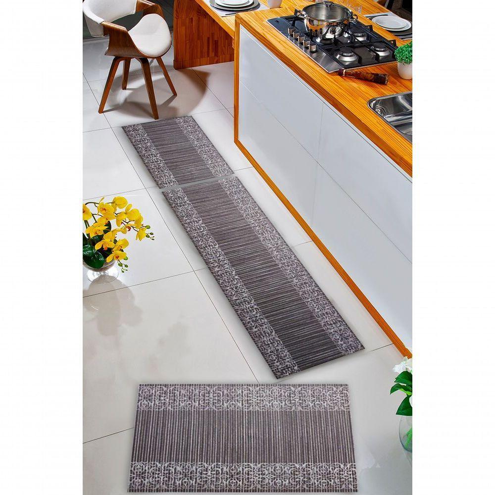 Kit 3 Peças Jogo Cozinha Passadeira Emborrachada Não Derrapa Barrado Marrom Branco - 4