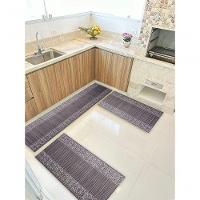 Kit 3 Peças Jogo Cozinha Passadeira Emborrachada Não Derrapa Barrado Marrom Branco - 1