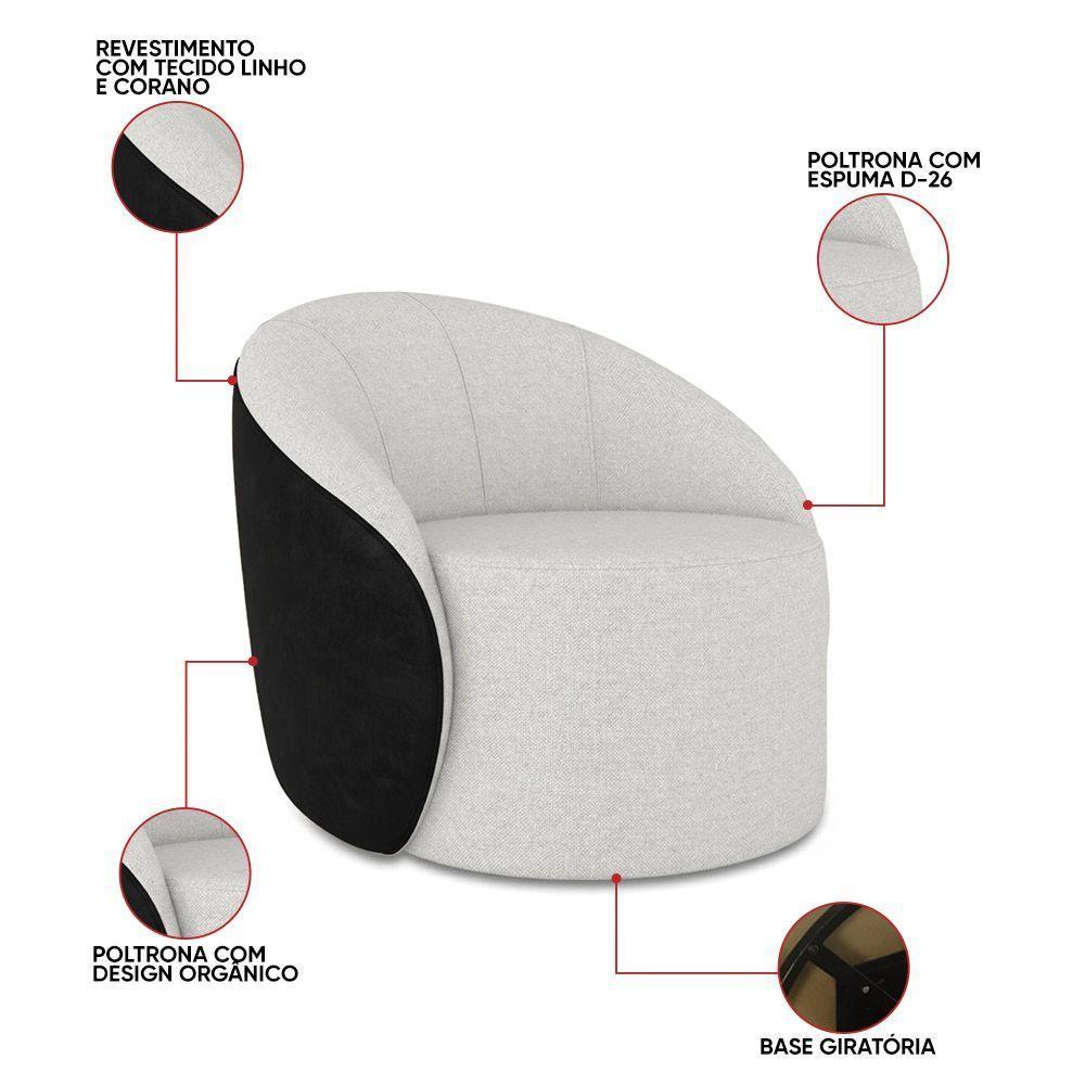 Poltrona Sala Orgânica Kit 2 Lua Giratória Sintético Pu Preto/linho Cinza D03 - D'rossi - 3