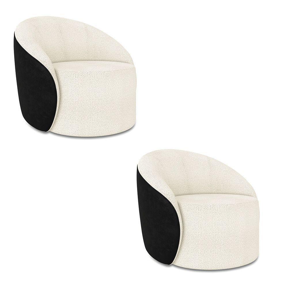 Poltrona Sala Orgânica Kit 2 Lua Giratória Sintético Pu Preto/bouclê Off White D03 - D'rossi - 2