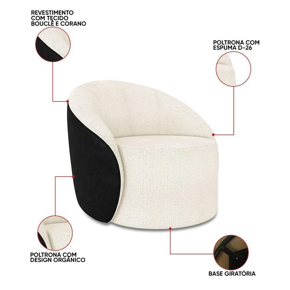 Poltrona Sala Orgânica Kit 2 Lua Giratória Sintético Pu Preto/bouclê Off White D03 - D'rossi - 3