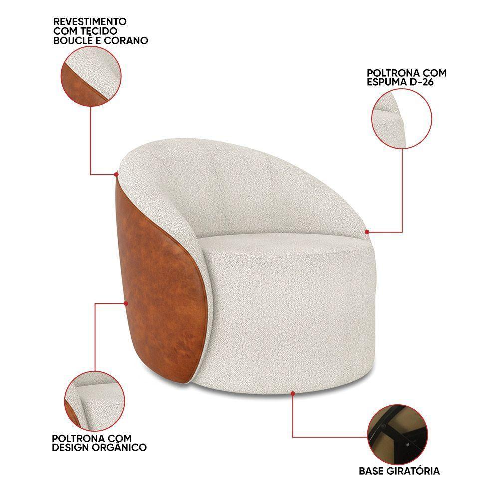 Poltrona Sala Orgânica Kit 2 Lua Giratória Sintético Pu Nozes/bouclê Cinza D03 - D'rossi - 3