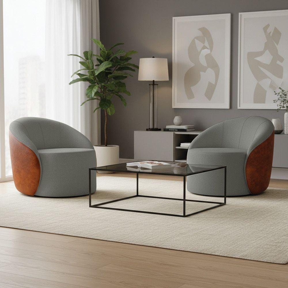 Poltrona Sala Orgânica Kit 2 Lua Giratória Sintético Pu Nozes/linho Grafite D03 - D'rossi - 1