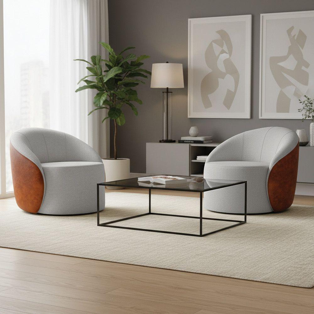 Poltrona Sala Orgânica Kit 2 Lua Giratória Sintético Pu Nozes/linho Cinza D03 - D'rossi - 1