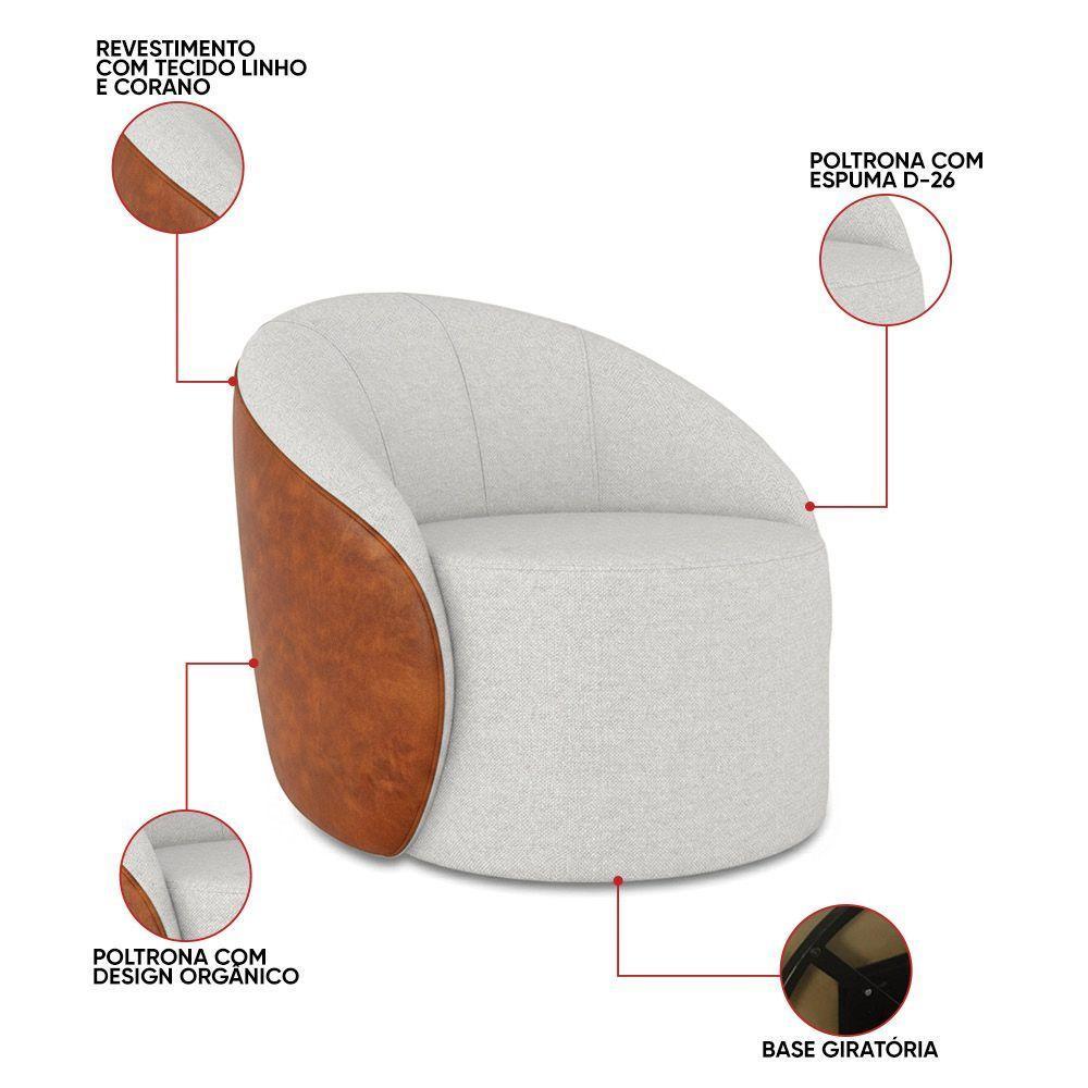 Poltrona Sala Orgânica Kit 2 Lua Giratória Sintético Pu Nozes/linho Cinza D03 - D'rossi - 3