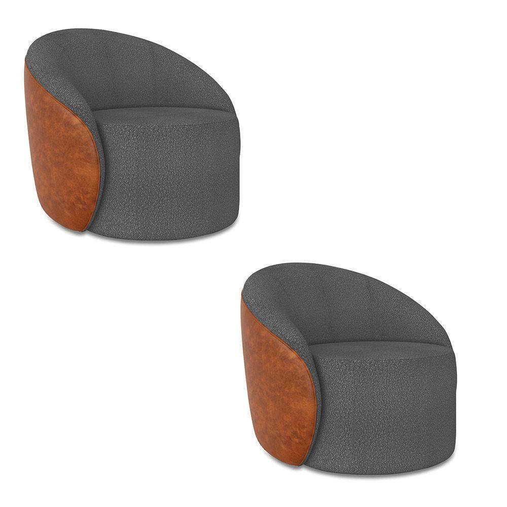 Poltrona Sala Orgânica Kit 2 Lua Giratória Sintético Pu Nozes/bouclê Grafite D03 - D'rossi - 2