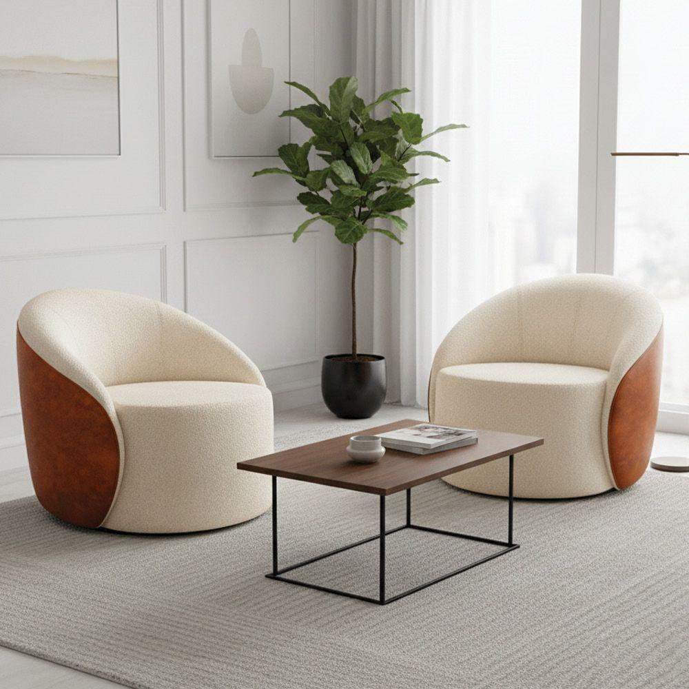 Poltrona Sala Orgânica Kit 2 Lua Giratória Sintético Pu Nozes/bouclê Bege D03 - D'rossi - 1
