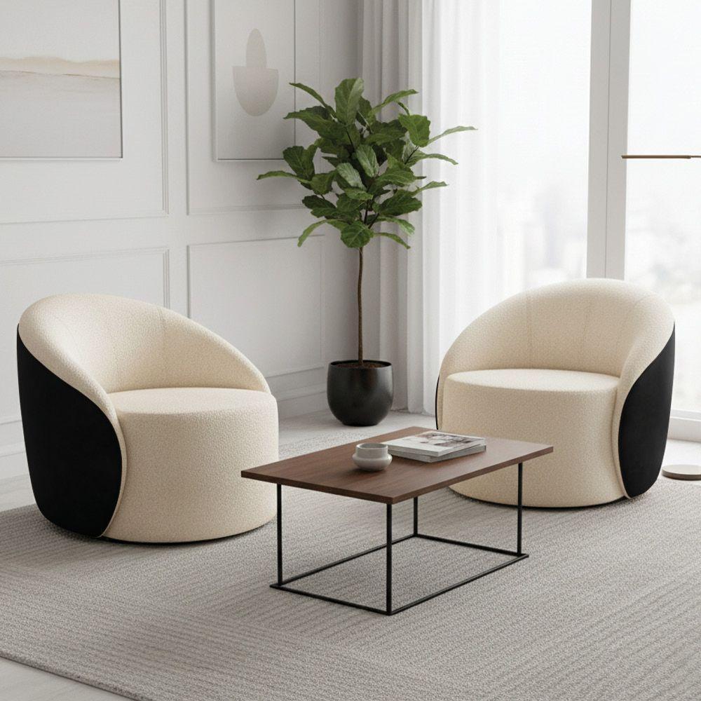 Poltrona Sala Orgânica Kit 2 Lua Giratória Sintético Pu Preto/bouclê Bege D03 - D'rossi - 1