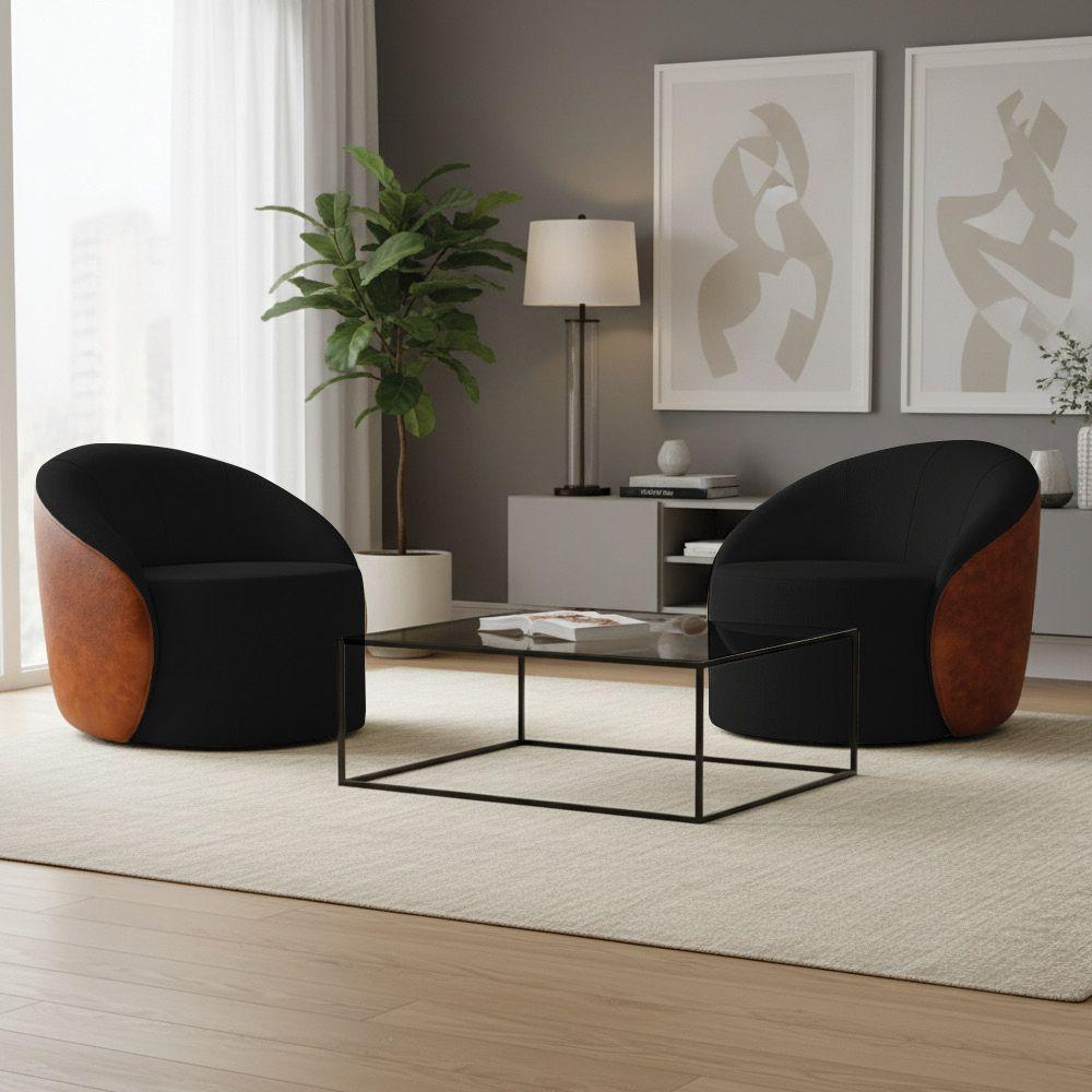 Poltrona Sala Orgânica Kit 2 Lua Giratória Sintético Pu Nozes/linho Preto D03 - D'rossi - 1