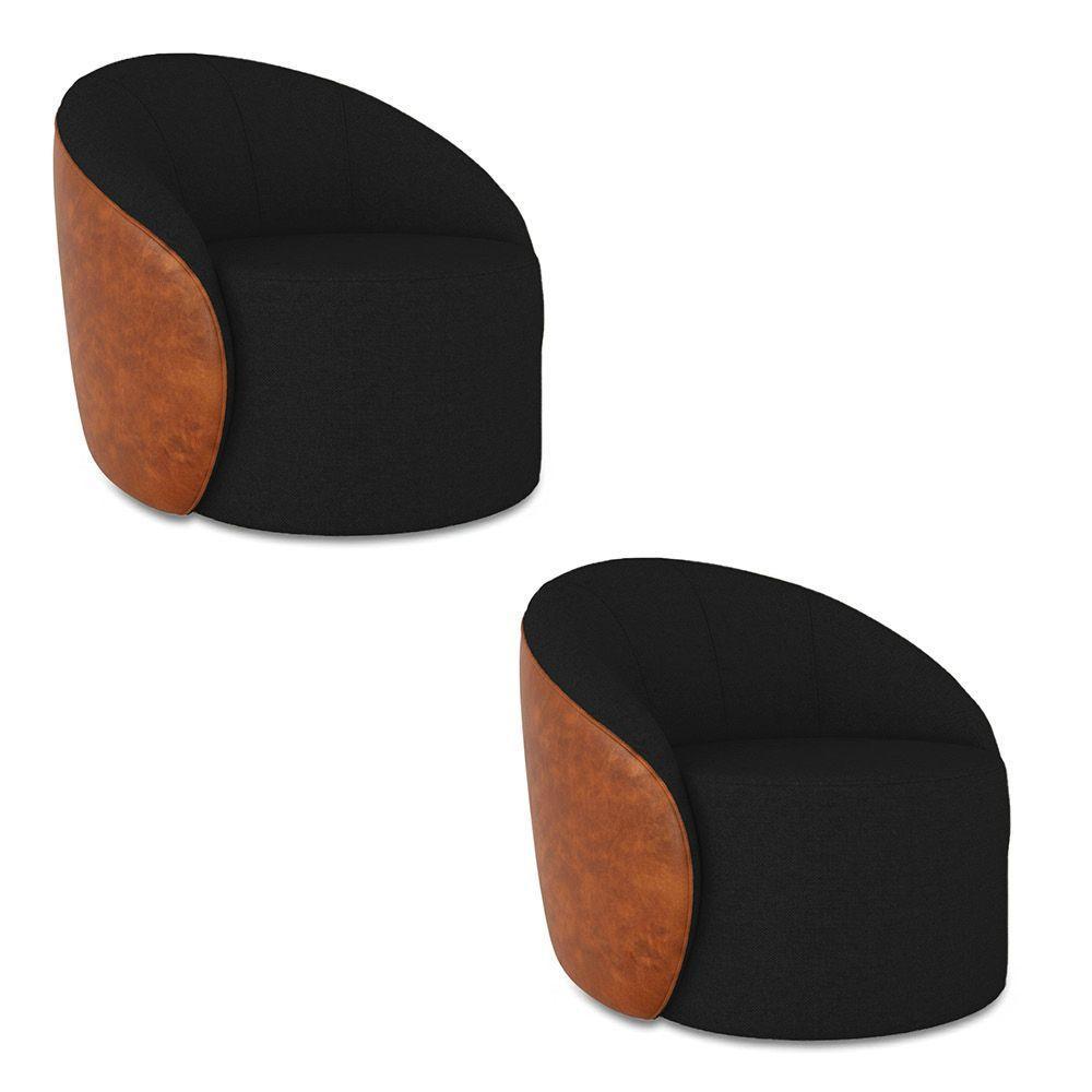 Poltrona Sala Orgânica Kit 2 Lua Giratória Sintético Pu Nozes/linho Preto D03 - D'rossi - 2