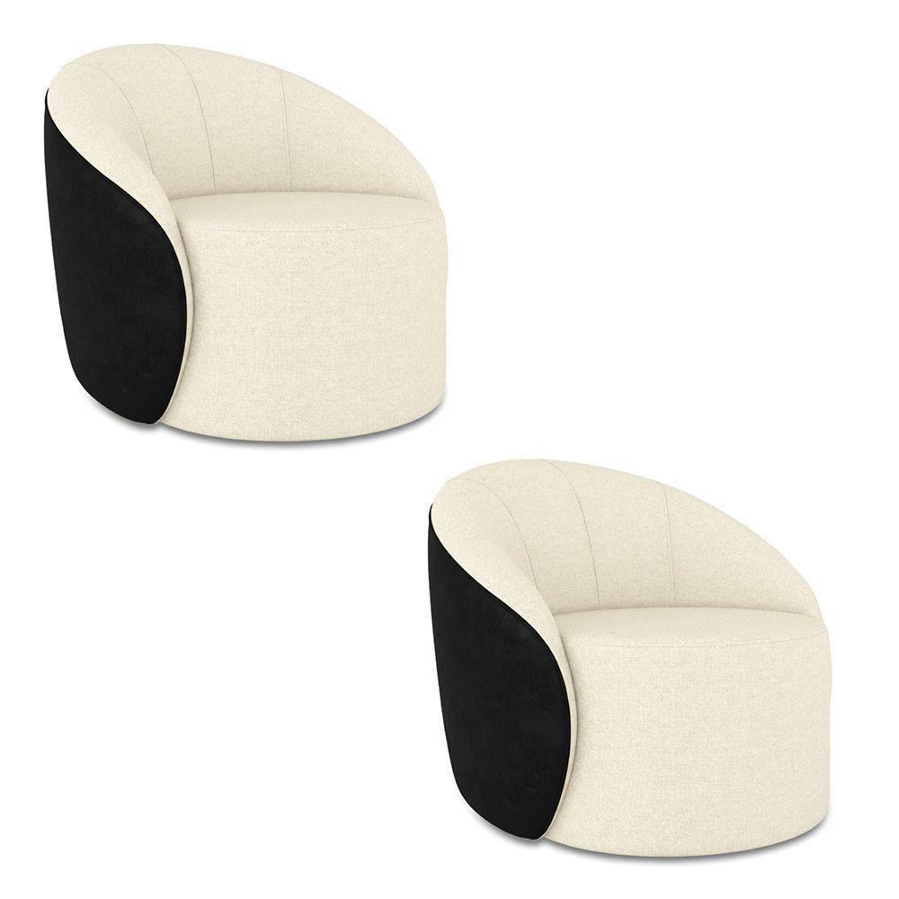 Poltrona Sala Orgânica Kit 2 Lua Giratória Sintético Pu Preto/linho Bege D03 - D'rossi - 2